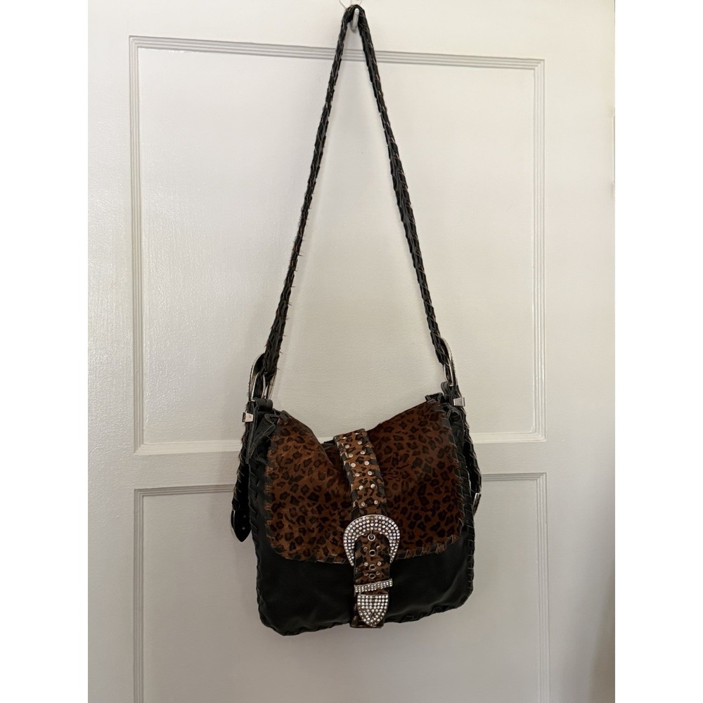 Charm And Luck Bag Y2K Leather Ponyhair Rhinestones Buckles Stud Gold VTG